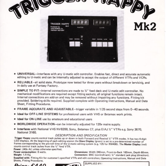 A flyer for the video production and editing company Fantasy Factory promoting video transfer facilities from VHS and BETA tapes to the U-MATIC format. Fantasy Factory was a London-based company created and run by radical English activists John 'Hoppy' Hopkins and Sue Hall from the 1970's to the 1990's