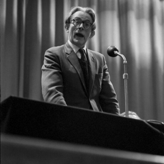 The Labour MP for Ebbw Vale, Michael Foot, speaks at the podium during a CND meeting in 1962