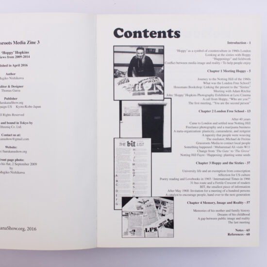 Grassroots Mediazine #3 contents page, featuring interviews with John 'Hoppy' Hopkins between 2009 and 2014 by author Mugiko Nishikawa