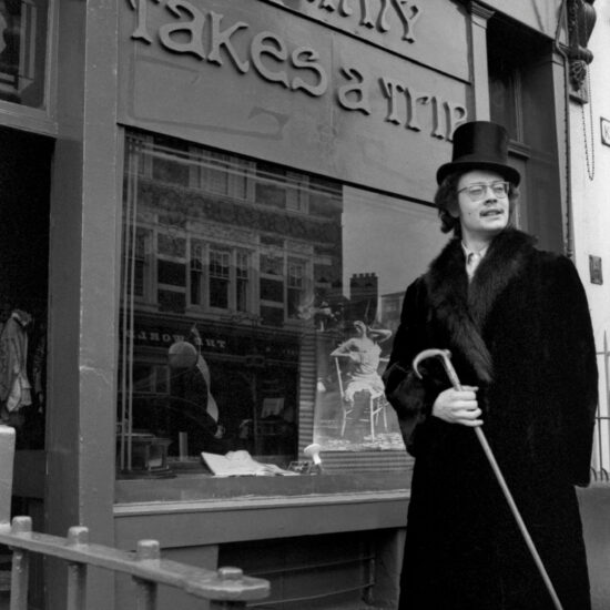 Shop owner and founder Nigel Waymouth outside Granny Takes A Trip, 1966. The boutique was located at 488 King's Road, Chelsea