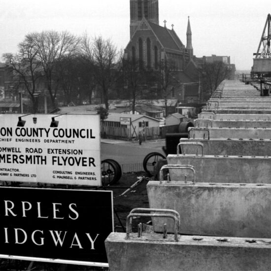 A view from on top of the partly-built Cromwell Road extension of the Hammersmith flyover as it is under construction by Marples Ridgeway, London 1961
