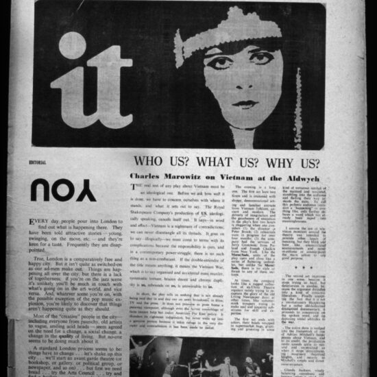 Cover of the first edition of International Times, with a half-page logo (Theda Bara), an editorial titled 'YOU' and an article by Charles Marowitz reviewing 'Vietnam' at the Aldwych Theatre, October 1966