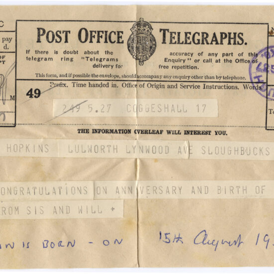 Birth telegram for John Hopkins on 15.08.1937, sent to home address at ‘Lulworth’, Lynwood Ave, Slough