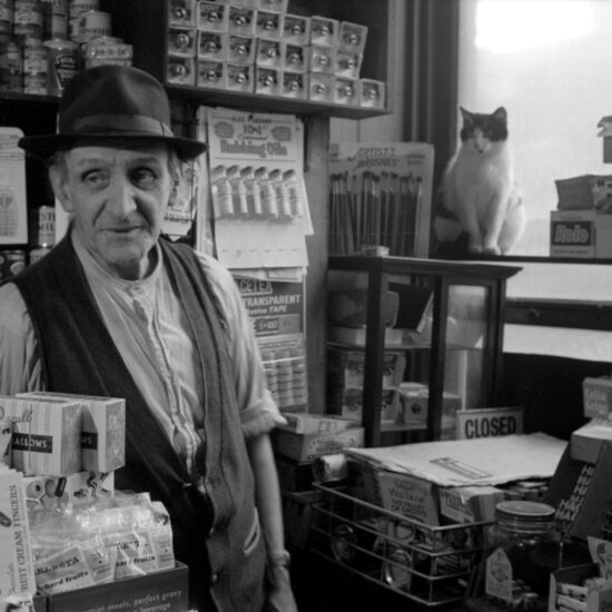 An elderly white male (the 'man who did not sleep') stands behind the counter of his corner shop. He is surrounded by confectionery and food items, and his cat looks at him from the windowsill